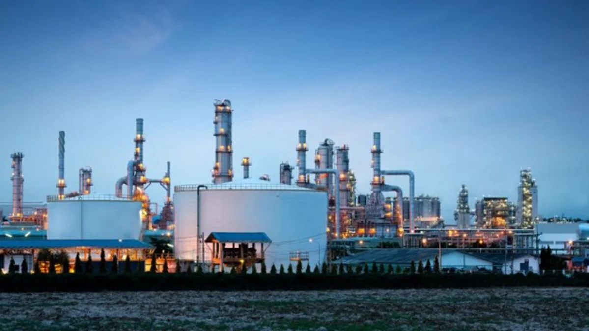 Commercial propane storage terminal with large spherical tanks and piping