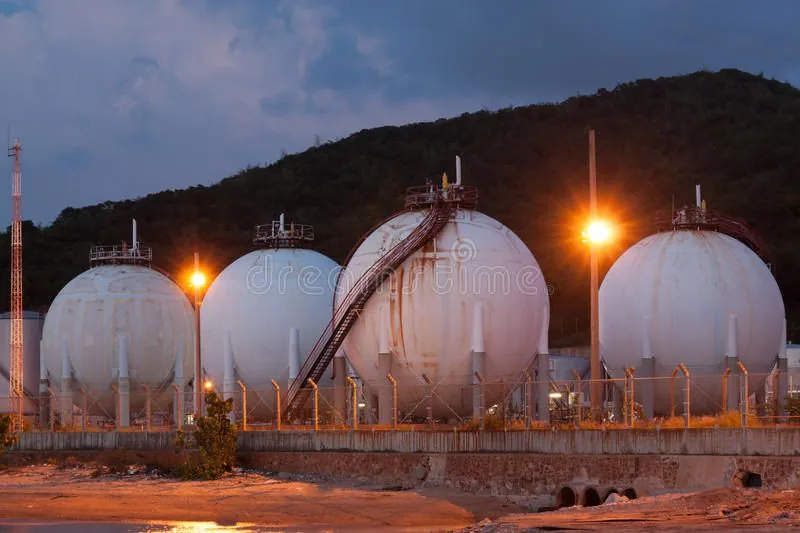 Large propane storage tanks at an energy facility at dusk