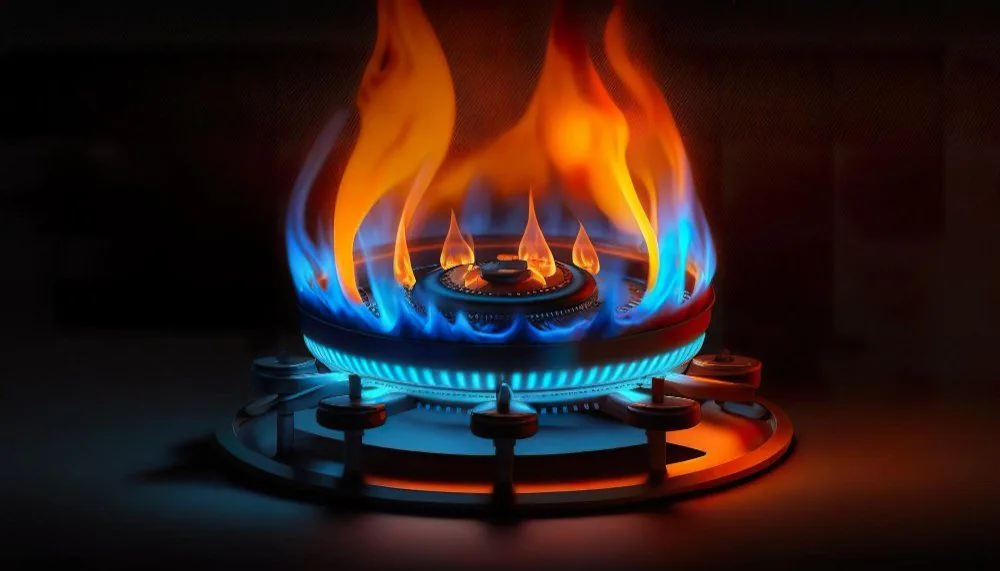 Stylized blue and orange gas flame on a burner